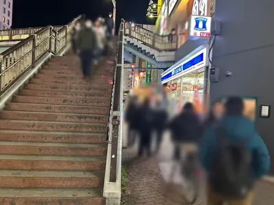 リリアンへの道順 5／10：下りきったら歩道橋を左手に歩きます。