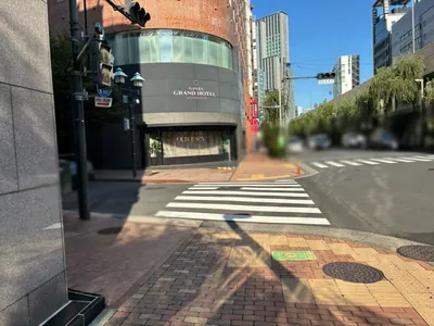 ロッカクアンへの道順 7／13：「難波橋」の交差点を横断歩道を渡って左折します。