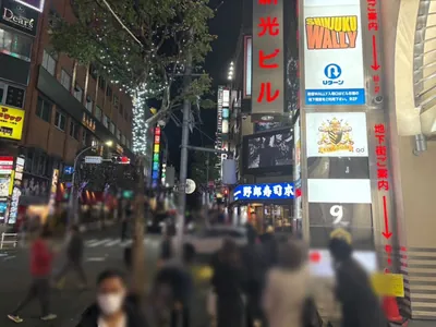 ベネへの道順 11／12：「新宿区役所通り(風林会館)」の交差点に出たら横断歩道を渡って直進を続けます。