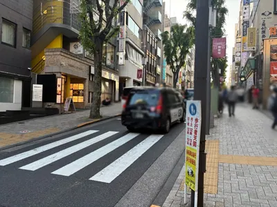 庭園への道順 5／12：横断歩道を渡り、左側を進みます。