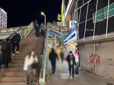 プリシラへの道順 5／8：下りきったら歩道橋を左手に歩きます。