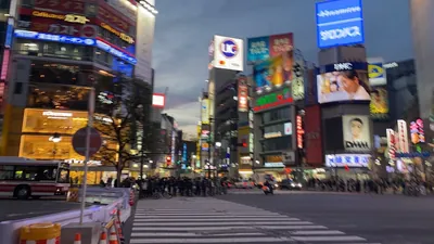 ロイヤルカフェへの道順 1／5：渋谷駅ハチ公口を出たらスクランブル交差点を道玄坂方面へ渡ります。