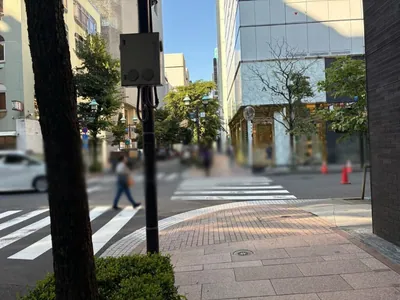 ロッカクアンへの道順 10／13：一つ目の十字路を横断歩道を渡って右折します。