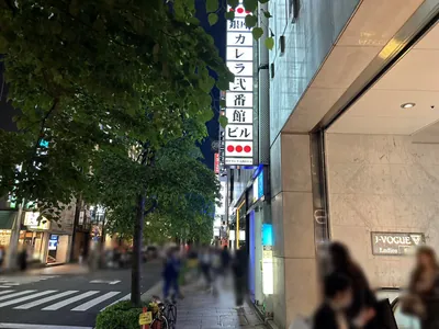 ミラノクラブへの道順 8／8：直進後、右手の三つ目に銀座ミラノクラブが入る「銀座カレラ弐番館ビル」」があります。