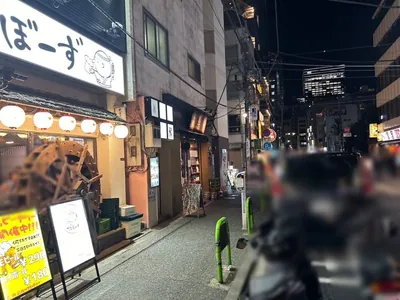 ダモン （Girl’s Bar Damon）への道順 8／8：十字路を越えて左手の二つ目に新橋ダモンの入る「岩崎産業ビル」があります。