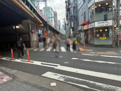 カラットはなれへの道順 3／5：横断歩道を渡って、線路沿いの路地を進みます。